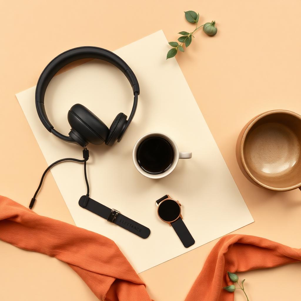 Selección editorial de productos: auriculares, café, reloj y cerámica sobre fondo claro